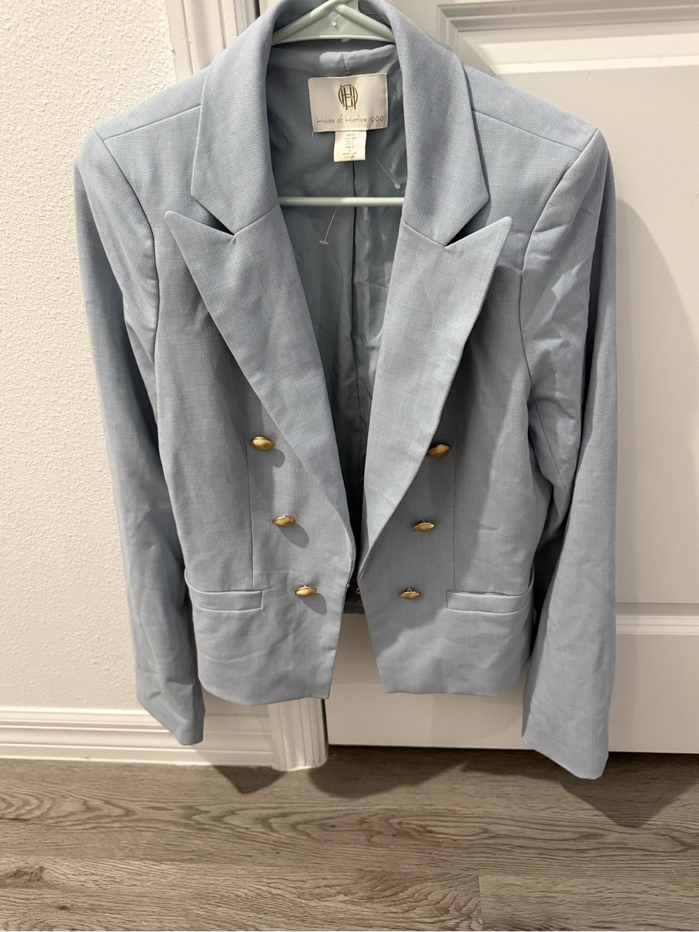 House of Harlow 1960 Light Blue Double-Breasted Blazer with Gold Buttons